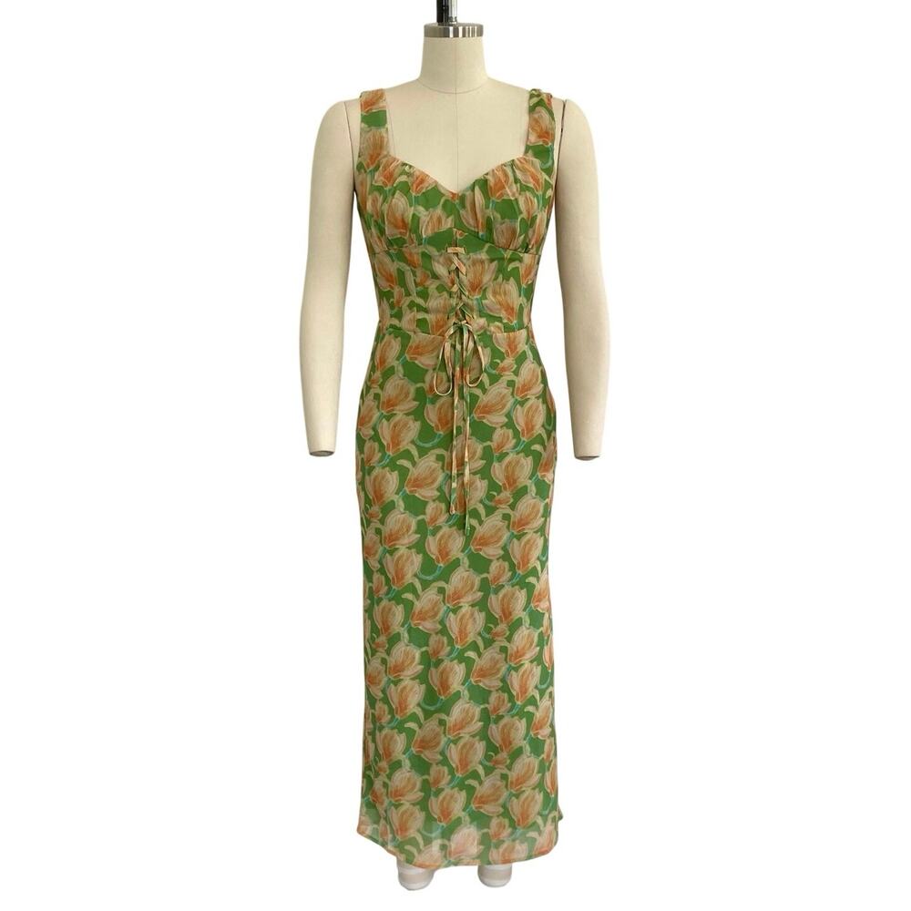 Bailey Rose Green and Yellow Regency Maxi Dress with Front Corset Tie